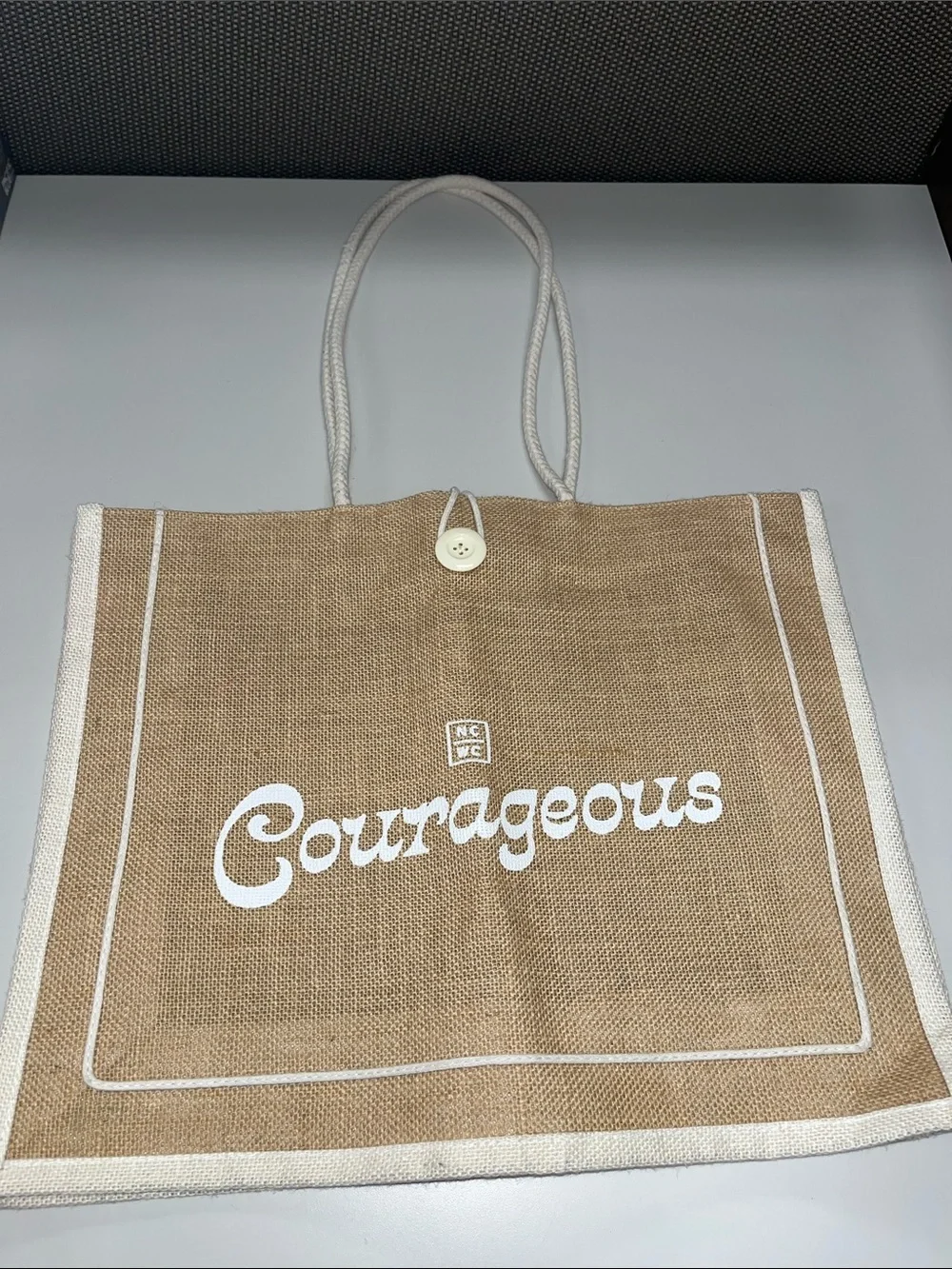 Source Unknown Natural Jute Tote with White Trim and 'Courageous' Script